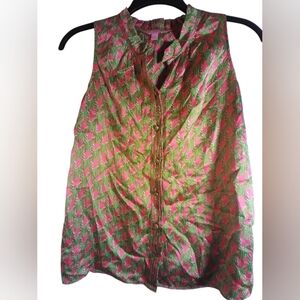 Lilly Pulitzer 100% Silk Sleeveless Green and Pink  Button Down Top  Size 2